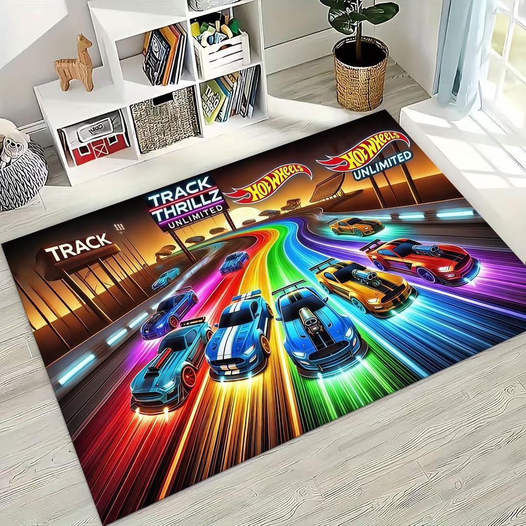 Tappeto Tappetino Decorativo per Tappeto da Arte per Auto da Corsa Giocattolo Hot Wheels a Fumetti per Camera da Letto Soggiorno Divano Casa Zerbino, Tappetino per Pavimento Grande Antiscivolo