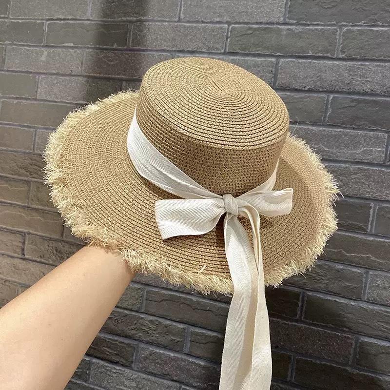 Flat-top straw hat women's straw top hat, new summer big-brimmed sun hat, seaside vacation sun hat