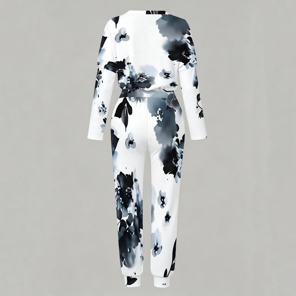 Ladies Crew Neck Long Sleeve Blouse And Elastic Waist Long Pants Two Piece Casual Outfit