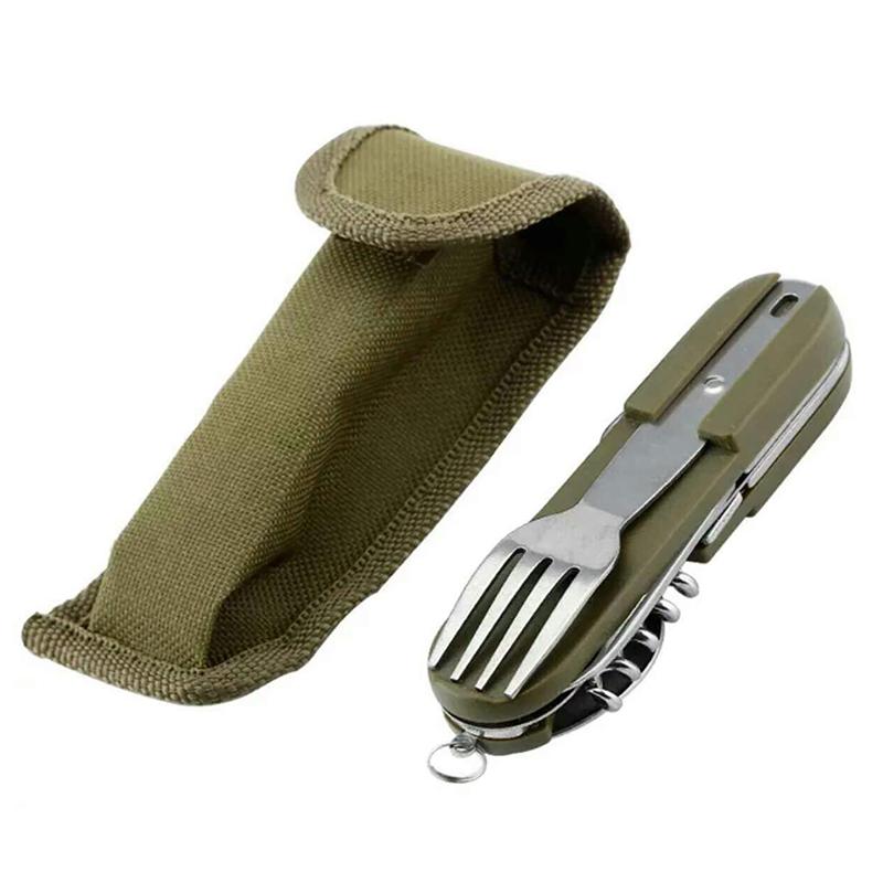7 In 1 Multifunctional Outdoor Tableware Survival Tools Stainless Steel Foldable Fork Spoon Knife Picnic Camping Dinnerware