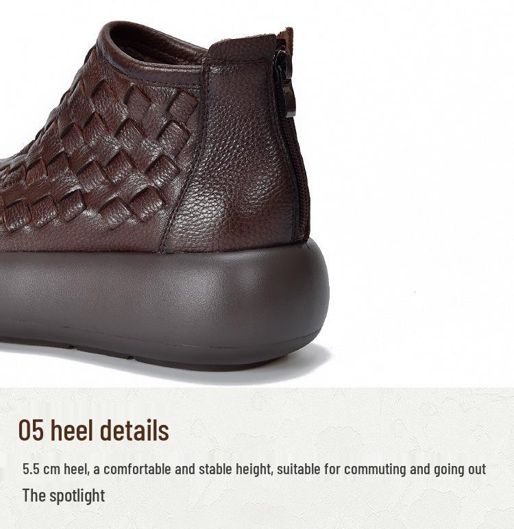 Women's Retro Handmade Genuine Leather Platform Ankle Boots - 2025 Design, Knitted Thick Sole, First Layer Cowhide Cotton Boots