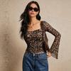Women's new square neck leopard print mesh long-sleeved T-shirt women's horn sleeves waist thin versatile top