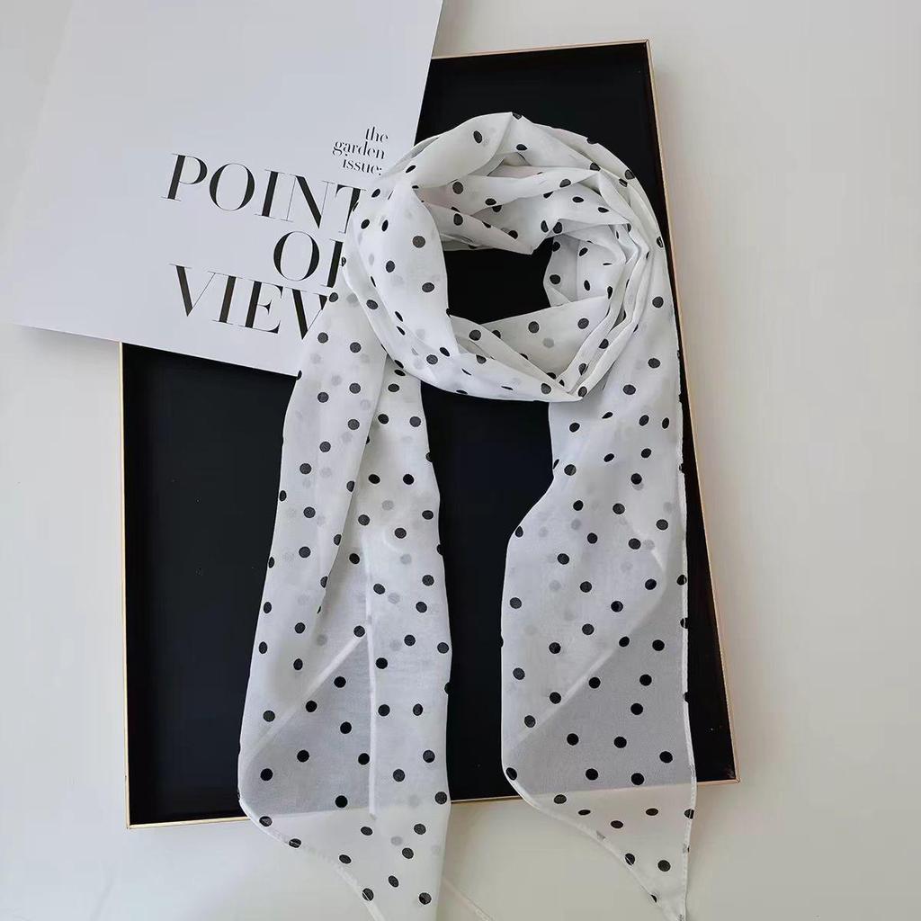 Korean Retro Black Polka Dot Silk Scarf - Y2K Rose Ribbon Bow Style