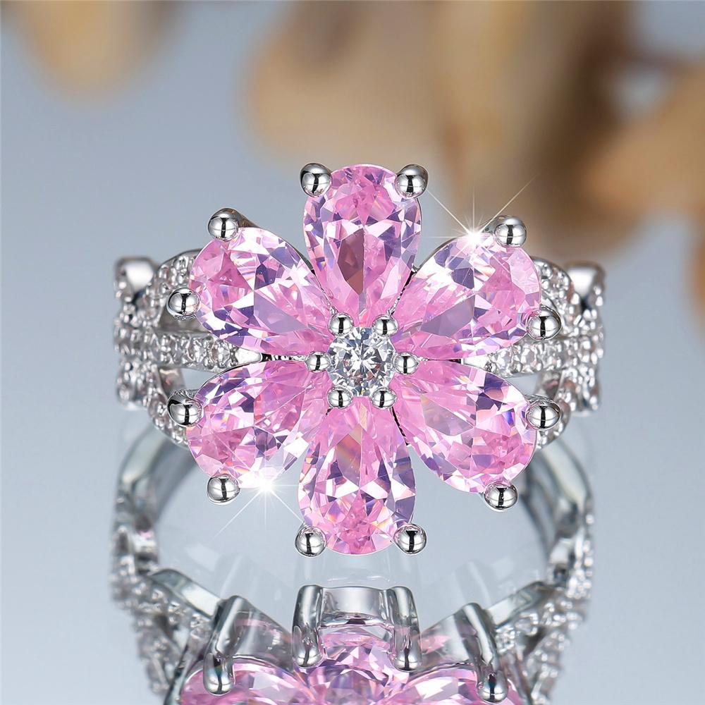 Trendy Pink Zircon Crystal Flower Vintage Silver Color Wedding Bands Engagement Rings For Women Men Minimalist Jewelry