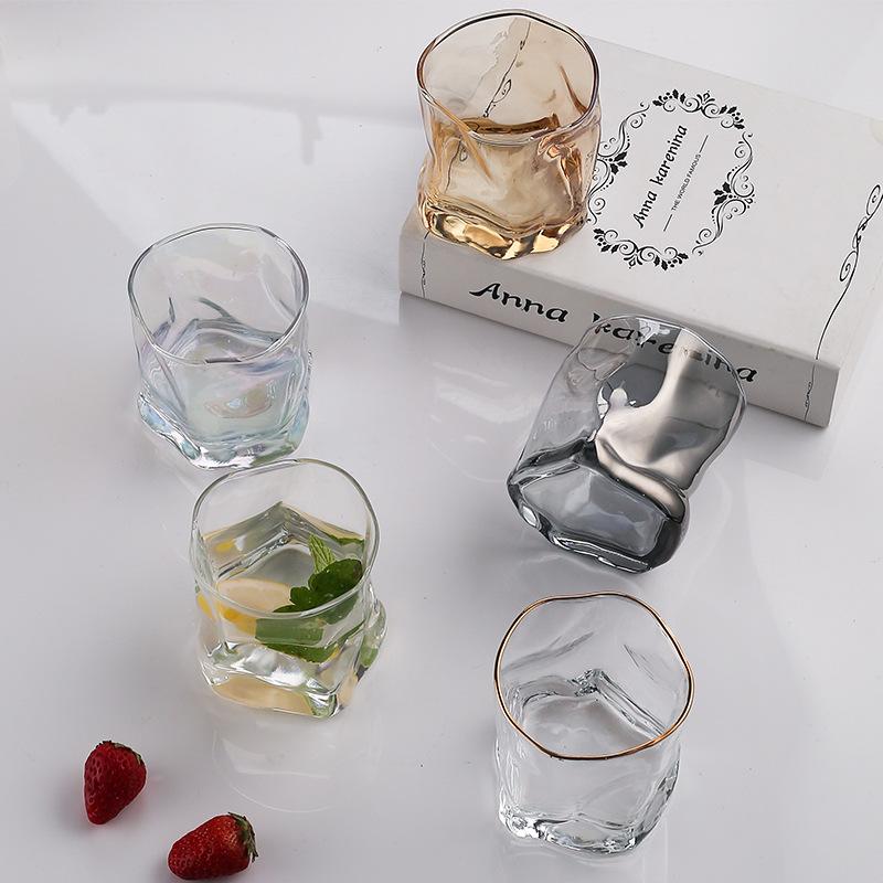 280ml Glass Irregular Cups Creative Twisted Grain Cup Abnormal Shape Frosted Transparent Golden Edge Whiskey Glass Wine Glasses