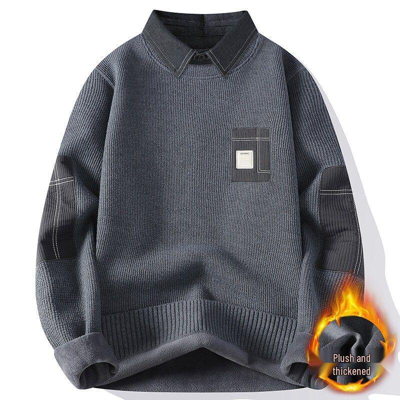 Herren Slim Fit Fleecegefütterter Zwei-in-Eins Hemdpullover – Koreanischer Stil Herbst/Winter Warme Basisschicht