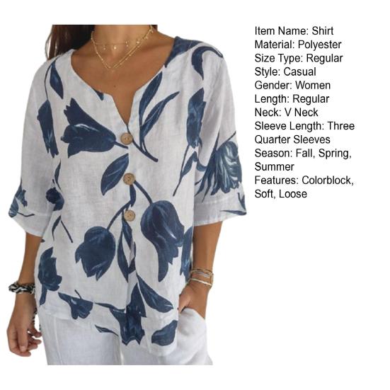 Ženy Jaro Léto Košile Výstřih do V Jednořadá Kontrastní barva Listový potisk Tříčtvrteční rukáv Volný Retro Tenká měkká prodyšná dámská halenka