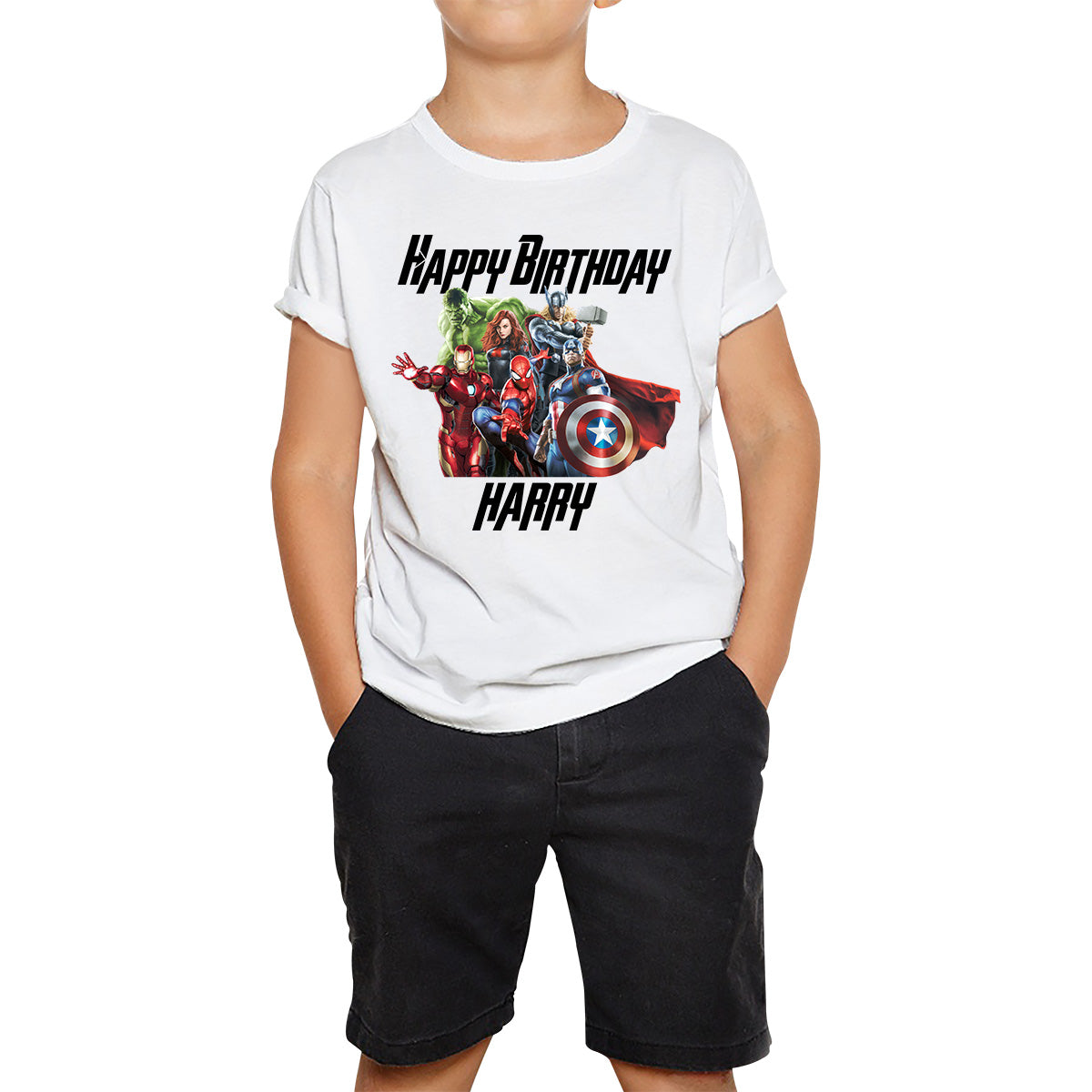 Personalised Happy Birthday Your Name Or Text Marvel Avengers Superheroes Characters Birthday Party Action Adventure Movie Kids T Shirt 130