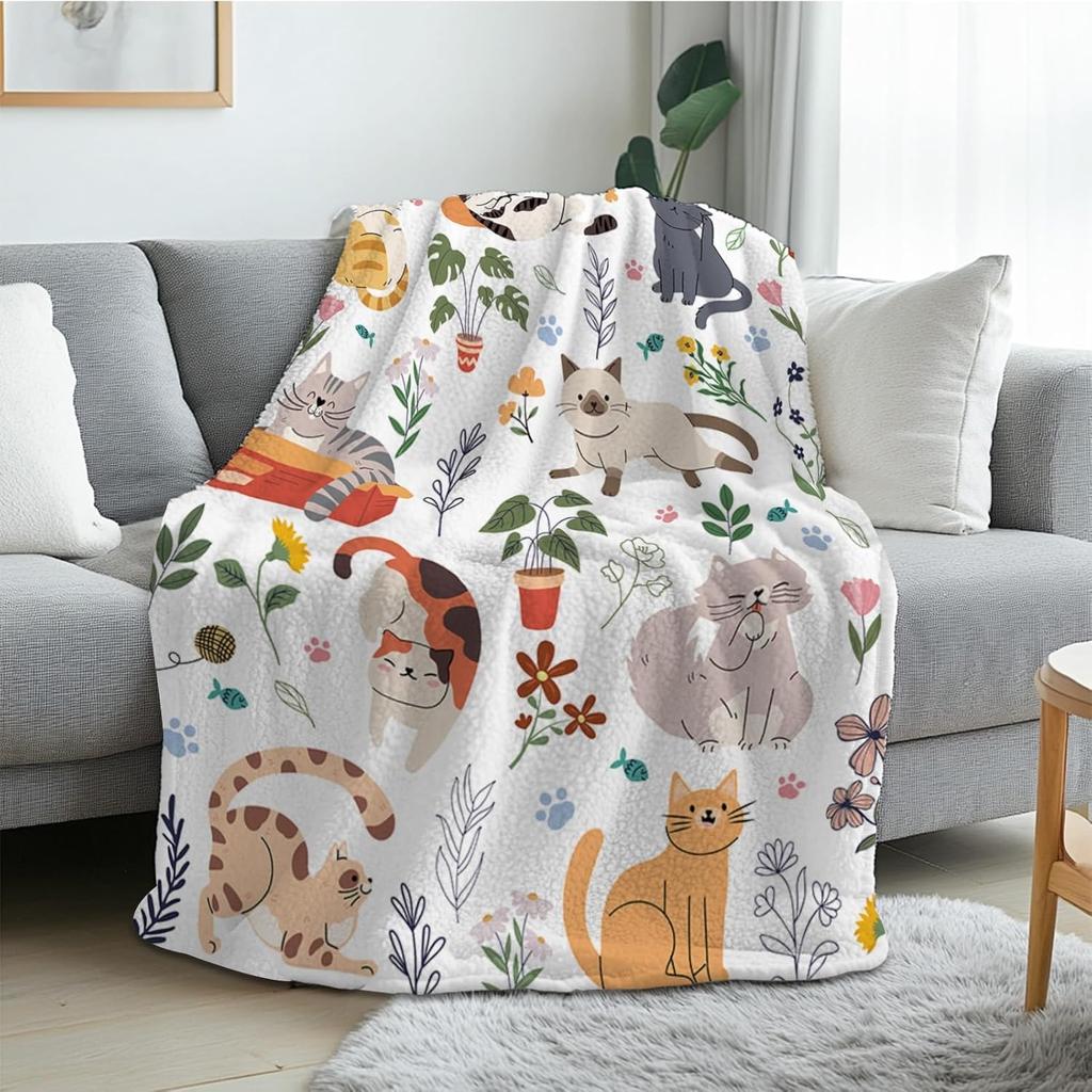 1PC Handdraw Cute Cats Pattern Throw Thin Blanket Gifts for Couch Bed Car Home Camping For Cute Animals Lovers All Season Use