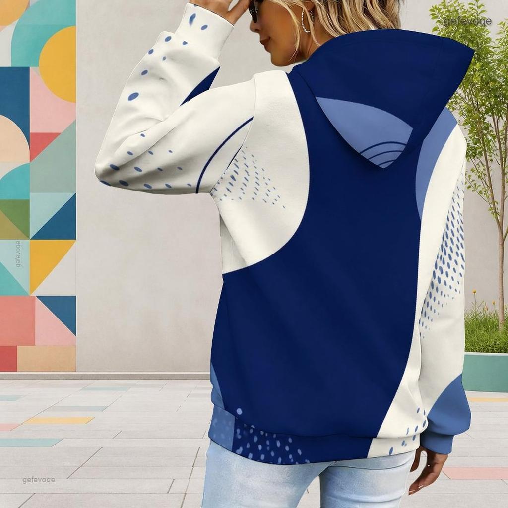 Women Plus Size Long Sleeve Geometric Printed Blue White Hoodie Pullover With Kangaroo Pocket
