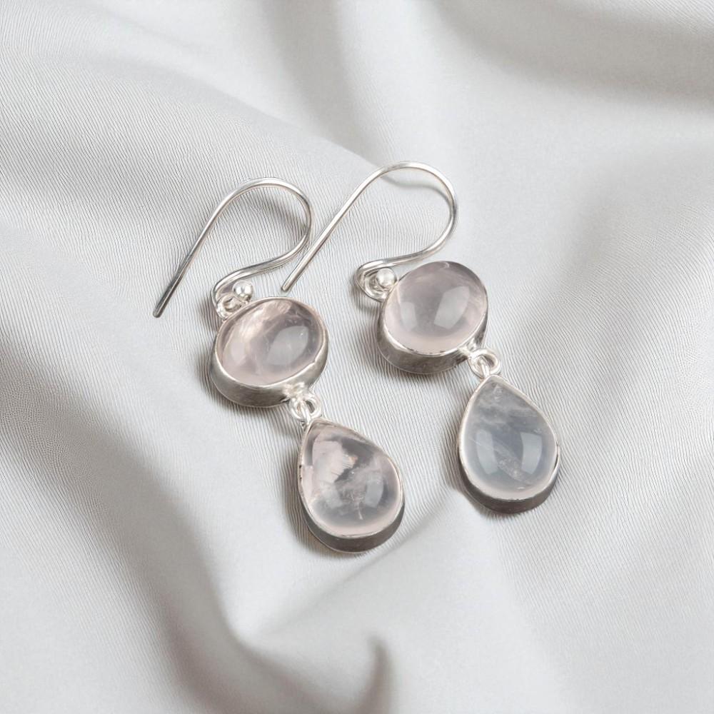 Natural Rose Quartz Gemstone 925 Sterling Silver Jewelry Handmade Earrings 1.88" EE-73-25