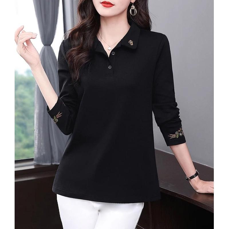 Women's Spring/Autumn Long-Sleeved Collared Oversized T-Shirt for Middle-Aged Mothers, Casual Inner Polo Shirt