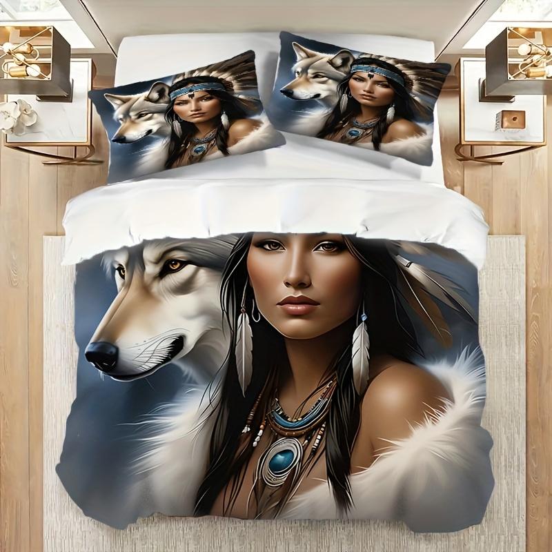 Wolf Feather Design Showcase the Dynamic Wildness Natural Elements Combined Theme Pattern Bedding Set 3D Print Duvet Cover Set