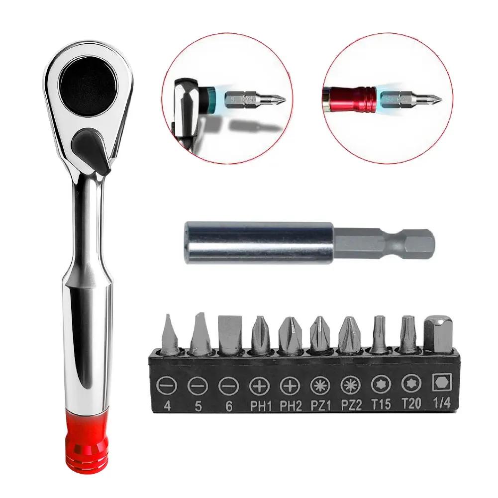 Precision 1/4in 72-Tooth Ratchet Wrench with Extension Rod and 10 Bits for Small Space Assembly and Disassembly