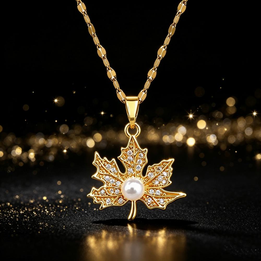 Elegant Charm Female Small White Zircon Stone Leaf Pearl Pendant Necklace Gold Color Wedding Jewelry For Women