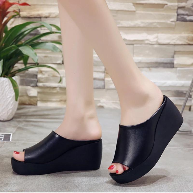Slippers for Women Summer Open-toe Platform Sandals Lightweight Pu Leather Slipper Womens Mules Slippers Fashion Wedges Slippers
