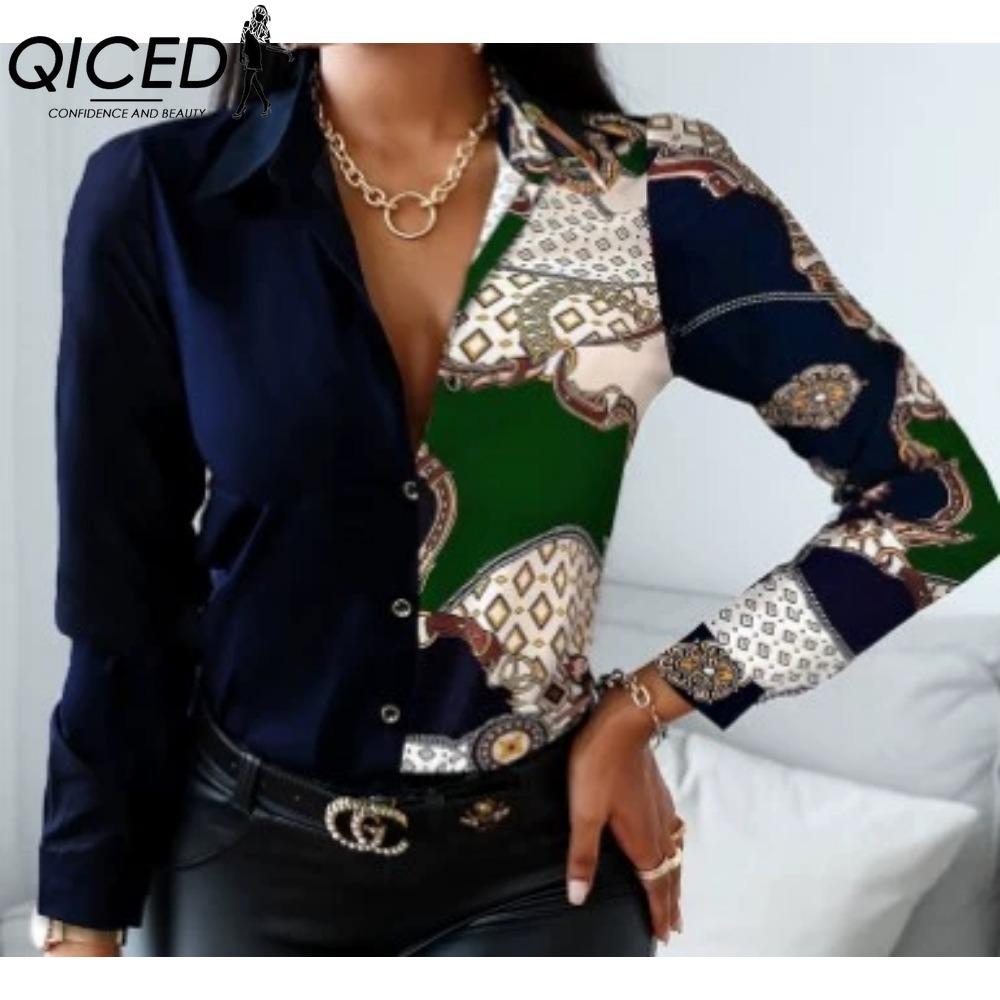 QICED Women's Fashion Casual Solid Color Print Long Sleeve POLO Neck Blouses & Shirts