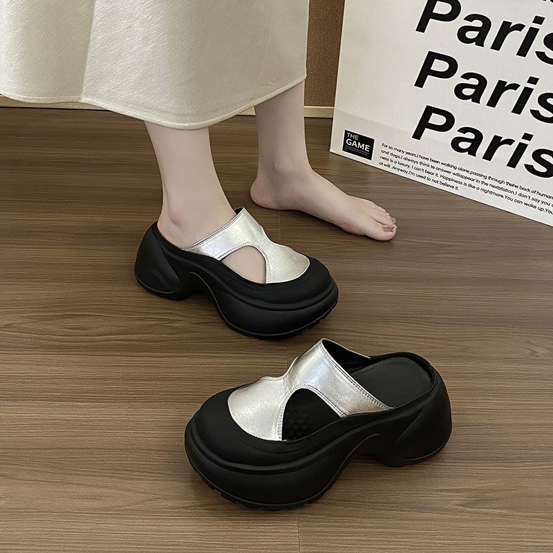 Baotou half slippers for women to wear spring and summer new soft leather thick-soled casual height increase lazy pedal cool slippers