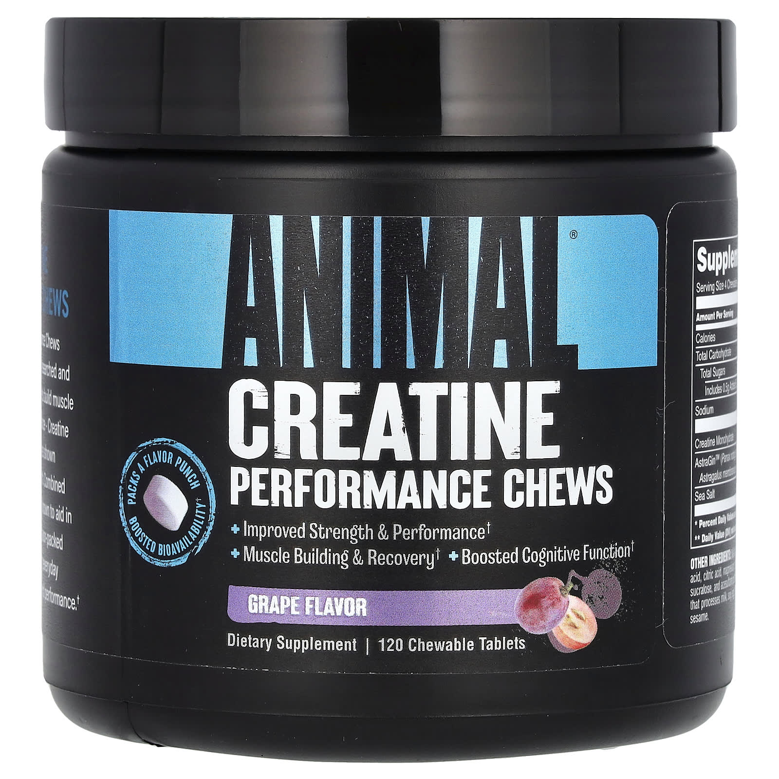 

Animal, creatine, performance chew, grape flavor, chewable 120 tablets