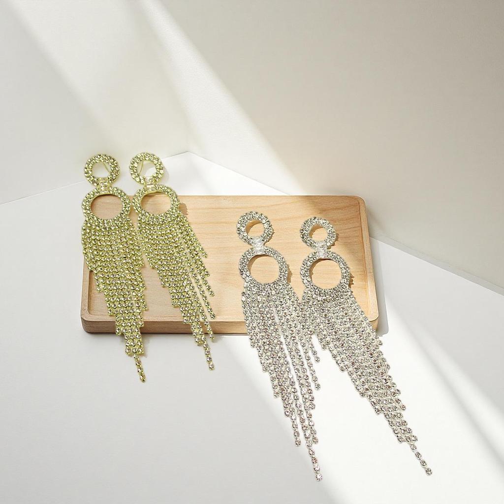 Exaggerated Trendy Long Tassel Rhinestone Circle Dangle Earrings with Micro-Pavé, Cross-Border Fashion High-End Design.