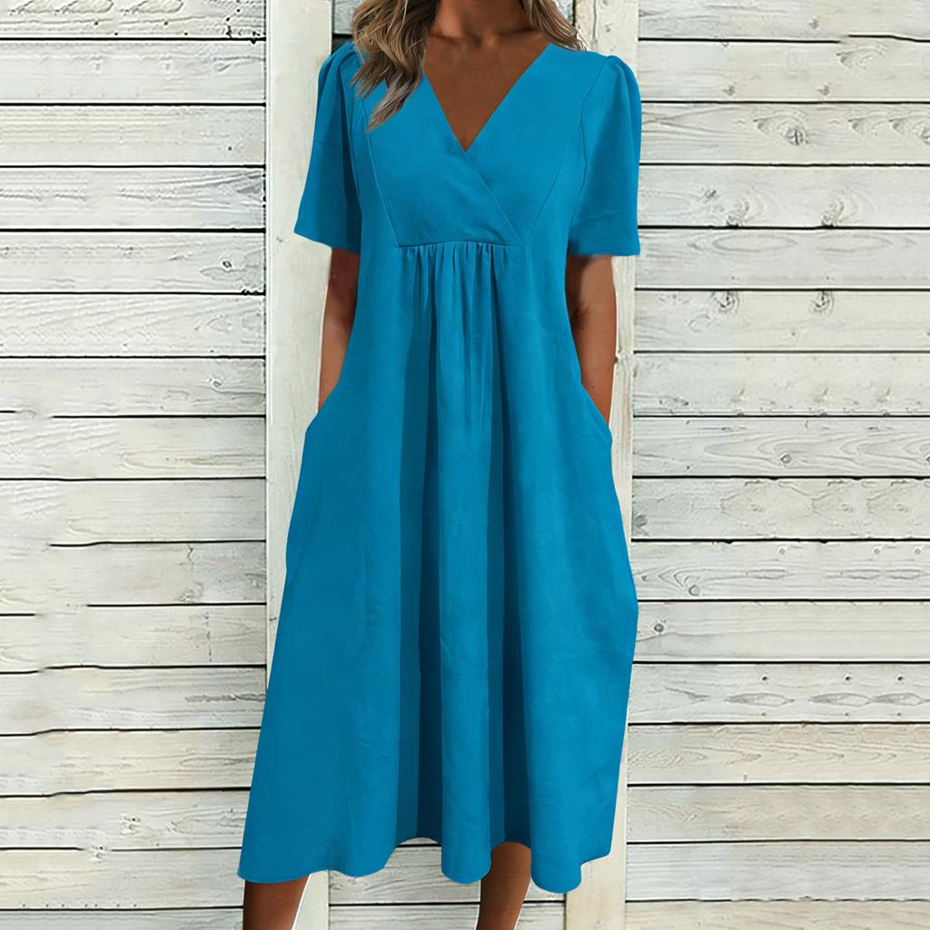 Women's Fashionable Loose-Fit V-Neck Short-Sleeve Casual Cotton-Linen Blend Dress