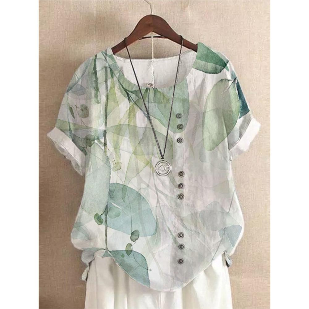 

Свободная женская рубашка с короткими рукавами и круглым вырезом, повседневная рубашка в стиле ретро, модный принт на пуговицах, летняя новинка 3XL