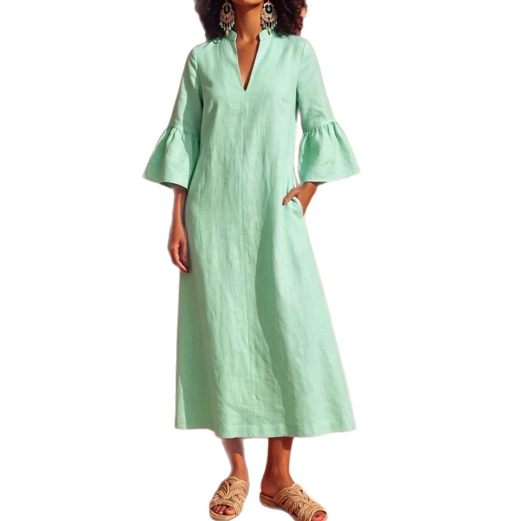 2026 summer European and American large-size women's clothing V-neck lotus leaf sleeve cotton and linen solid color long dress