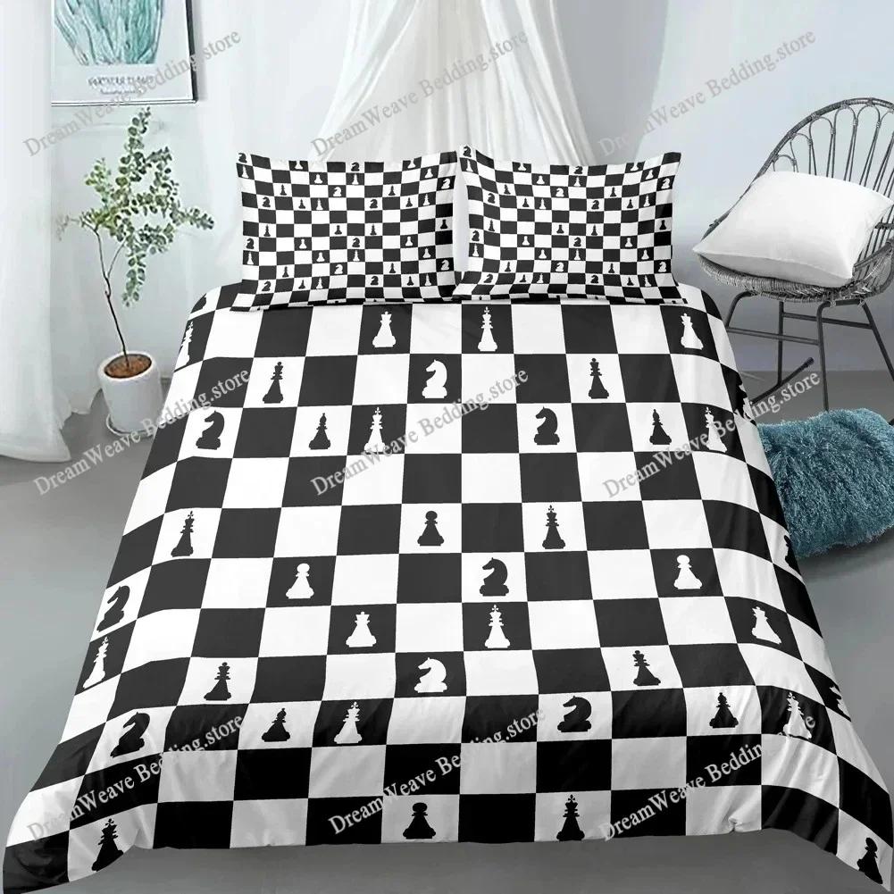 Chess Board Duvet Cover Set 3D Print International Chess Black White Comforter Cover for Boys Girls Polyester Bedding Set