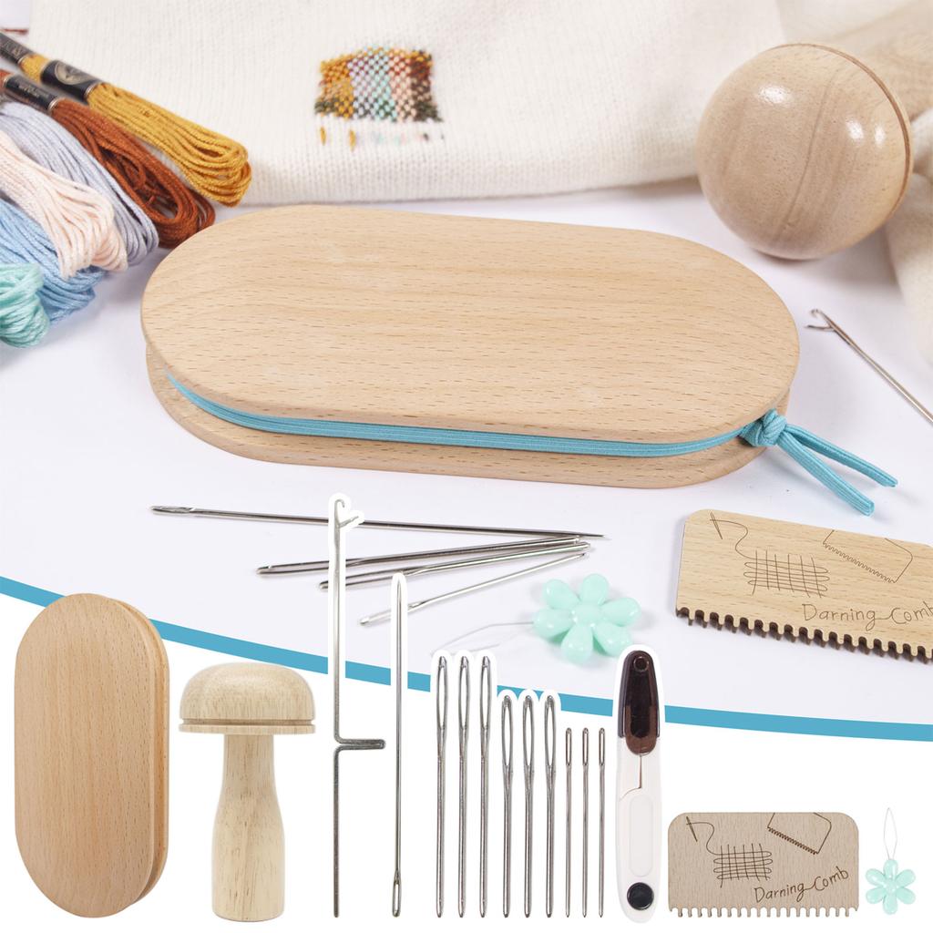 Darning Tools Set, Beechwood Oval Darning Tool, Mushroom Darning Tool, Wood Comb, Stainless Steel Needles, Hook Needle, Threader, Elastic Bands