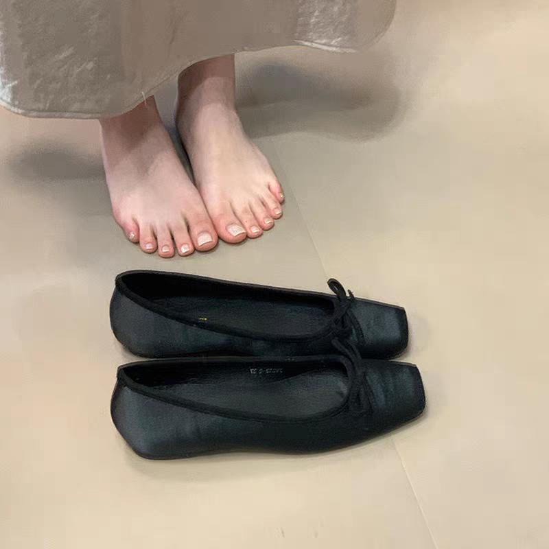 Fashion 2025Breathable Silk Ballerinas Ballet Flats Women Summer Autumn Slip On Loafers Square Toe Bowknot Flat Casual Shoes