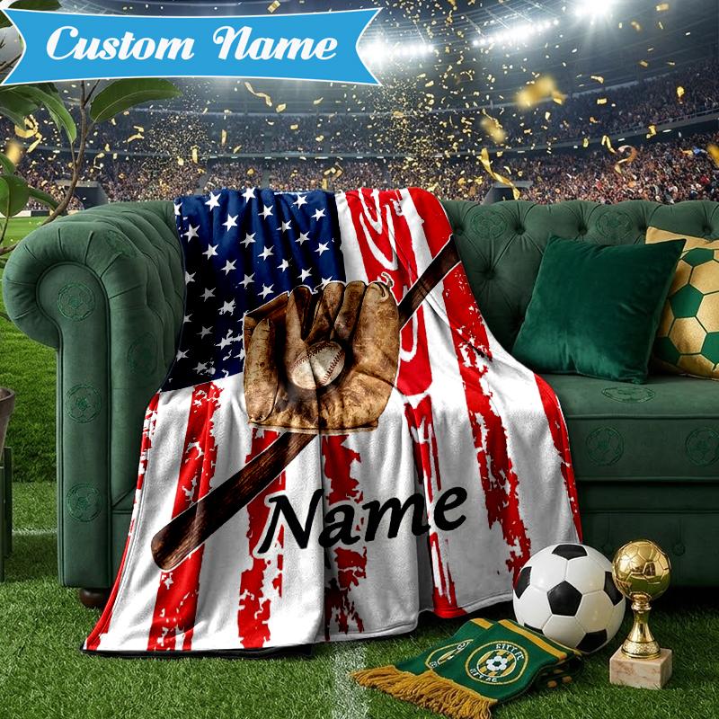 Custom Name Baseball Glove Bat Blanket Lightweight Ideal Bedding Blanket Perfect for Travel, Camping, Living Rooms, Sofas, Christmas Gift