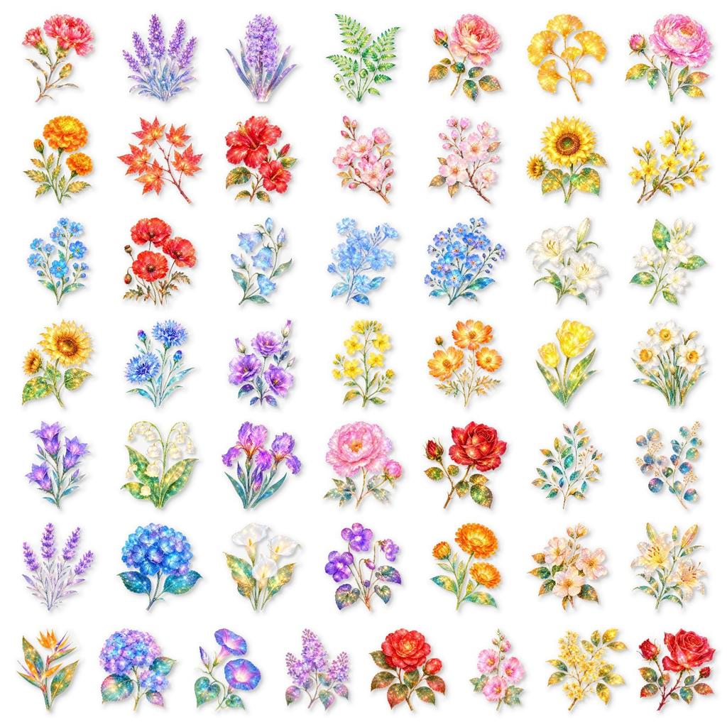 50Pcs/Set Dazzling Flowers PET Stickers Waterproof DIY Fashion Decals Journal Stickers