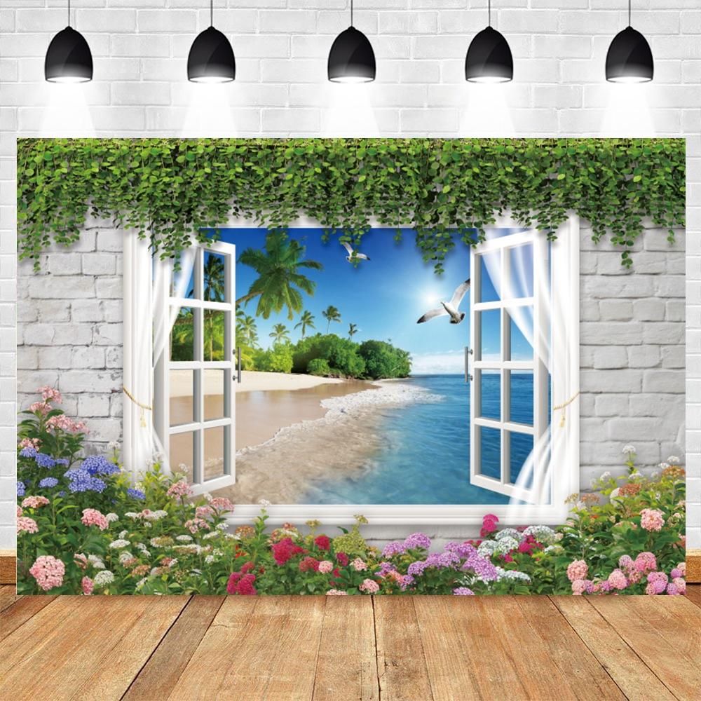 Summer Seaside Tropical Beach Balcony View Backdrop Palm Trees Mountain Wedding Party Portrait Photography Background Photo Prop