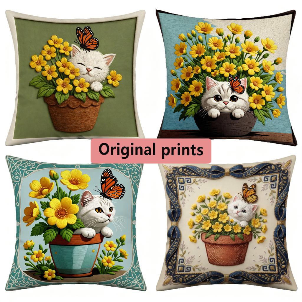 Cute Cat Flower Butterfly Throw Pillow Covers Pattern Cushion Cover Suitable For Sofa Bedroom Car Pillow Cover