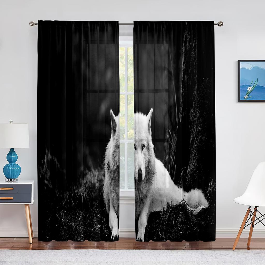 Wolf Sheer Voile Curtain Ice Fire Wolves Look At Each Other Window Tulle Curtains for Living Room Bedroom Kitchen Decor Drapes