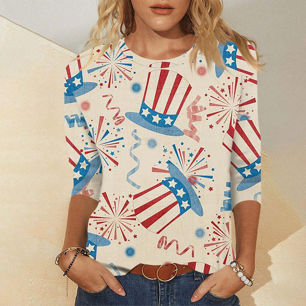 Damen 3/4 Ärmel Shirt Urlaubsoberteil Independent Day Muster T-Shirt Casual Basic Top Pullover
