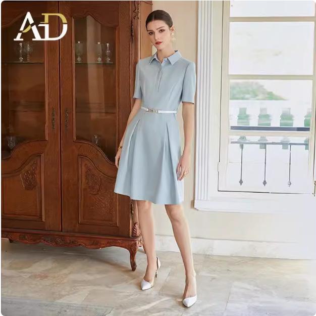 

2024 Женское синее платье-рубашка с коротким рукавом и воротником-стойкой для поездок на работу XL