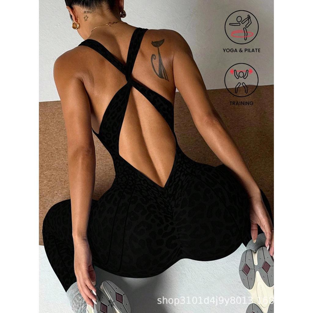 Tuta da Fitness Senza Cuciture da Donna con Stampa Leopardo, Imbottitura Elastica sul Petto e Pantaloni Lunghi