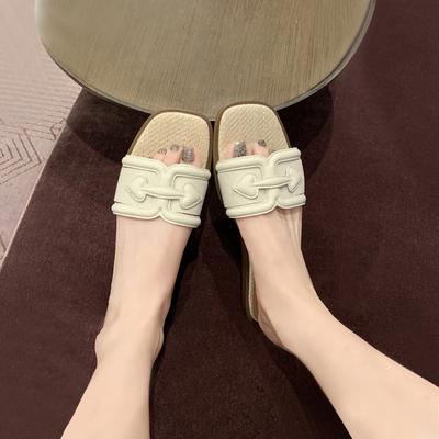 Sheepskin Version~ Straw Flat-bottomed Square-headed Vacation One-word Slippers, Female Summer Wear French Fairy Wind Sandals Half Slippers