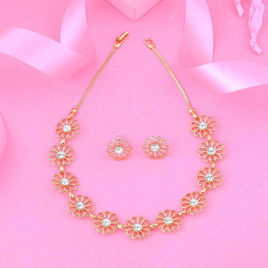 Estele Set de colier cu flori și diamante placate cu aur de 24K pentru femei