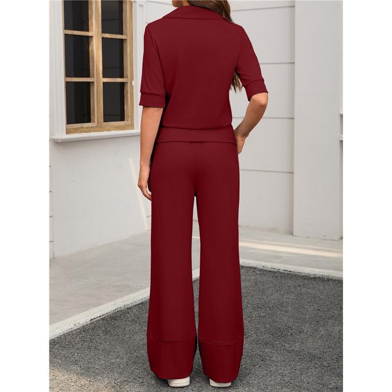 Women's 2Pcs Solid Color Casual Tracksuit Polo Neck Half Sleeve Top + Flare Pants Set