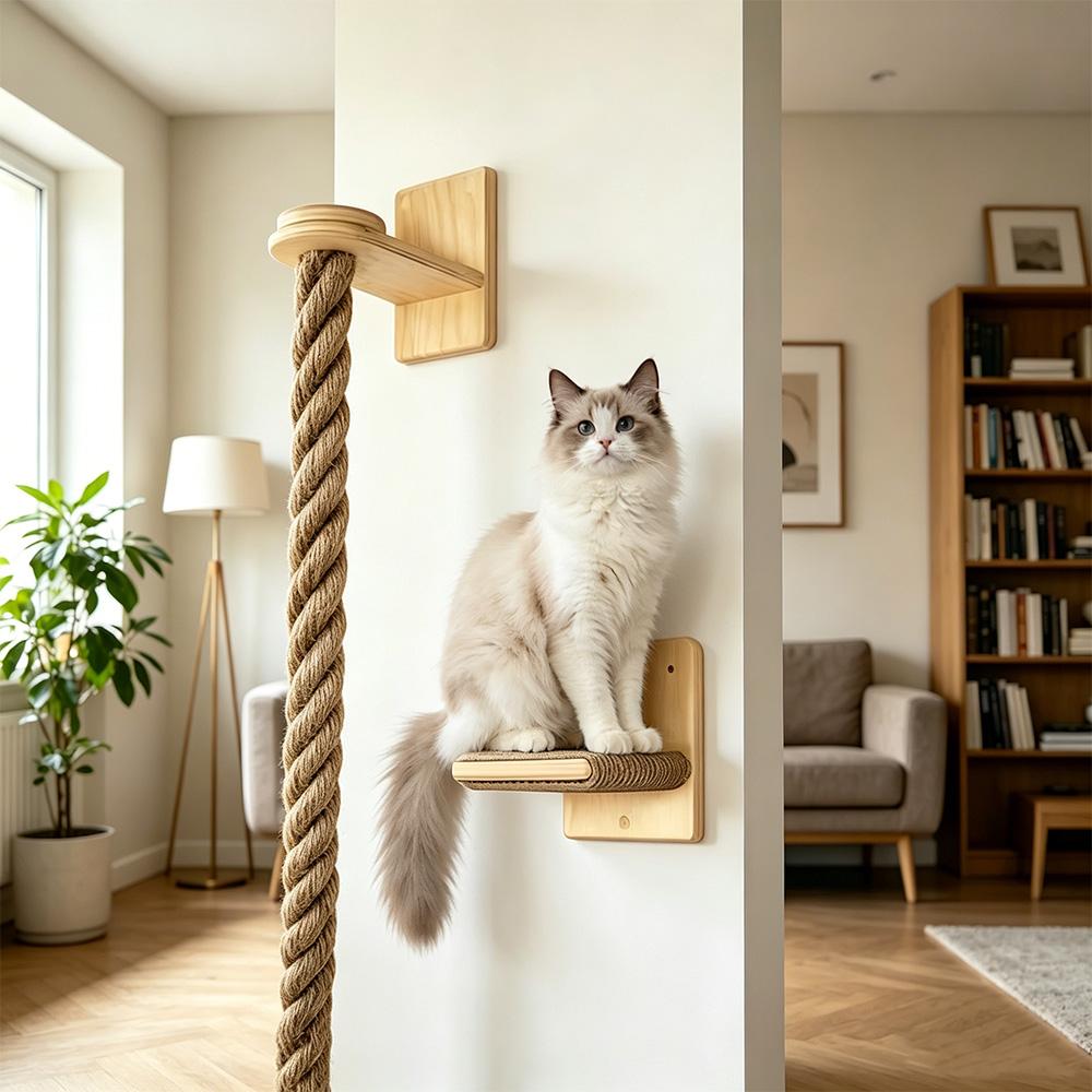 Wall Mounted Cat Sisal Climbing Rope with Wooden Step Cat Wall Scratcher Cat Climber Toy for Indoor Cats Cat Tree Alternative