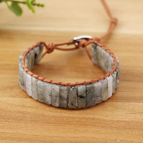 Bohemian Stone Bracelet Handmade Natural Stone Tube Beads Bangle Adjustable Unisex Boho Bracelet Gift for Him Her
