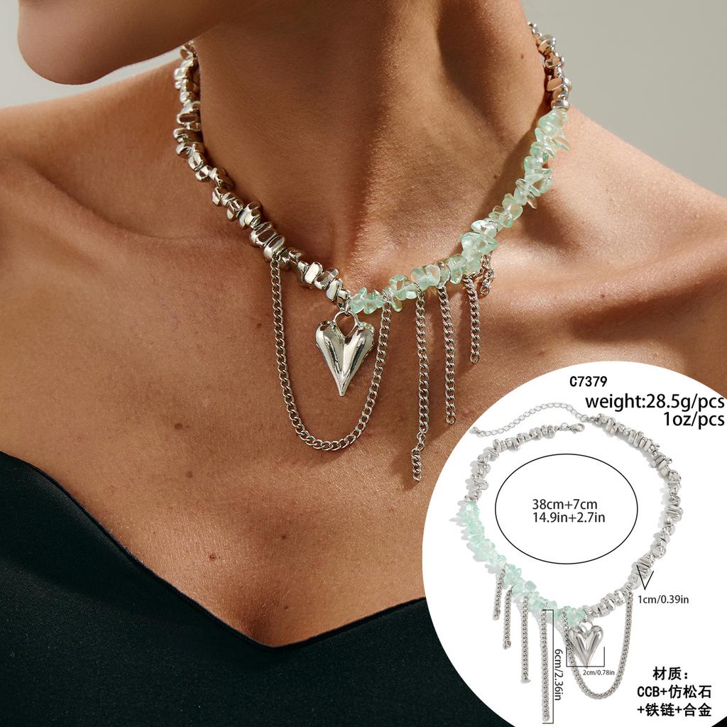 Sweet And Cool Spice Girls Metal Love Pendant Necklace, Fashion Irregular Beaded Tassel Chain Necklace