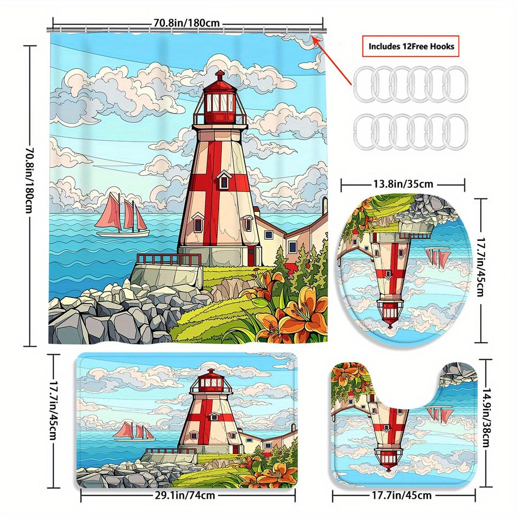 Lighthouse 4pcs Bathroom Set, Bathroom Curtain, Absorbent Bathroom Floor Carpet, Non-slip U-Shaped Contour Rug & Toilet Lid