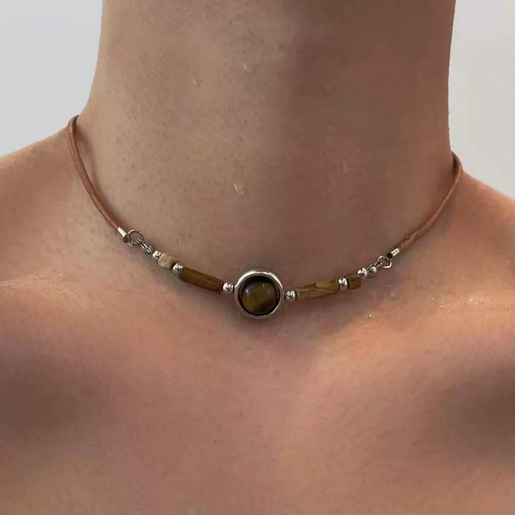 Tiger Eye Stone Beaded Necklace Design Punk Simple Fashion High End Clavicle Chain Short Men's Women's Retro Leather Necklace
