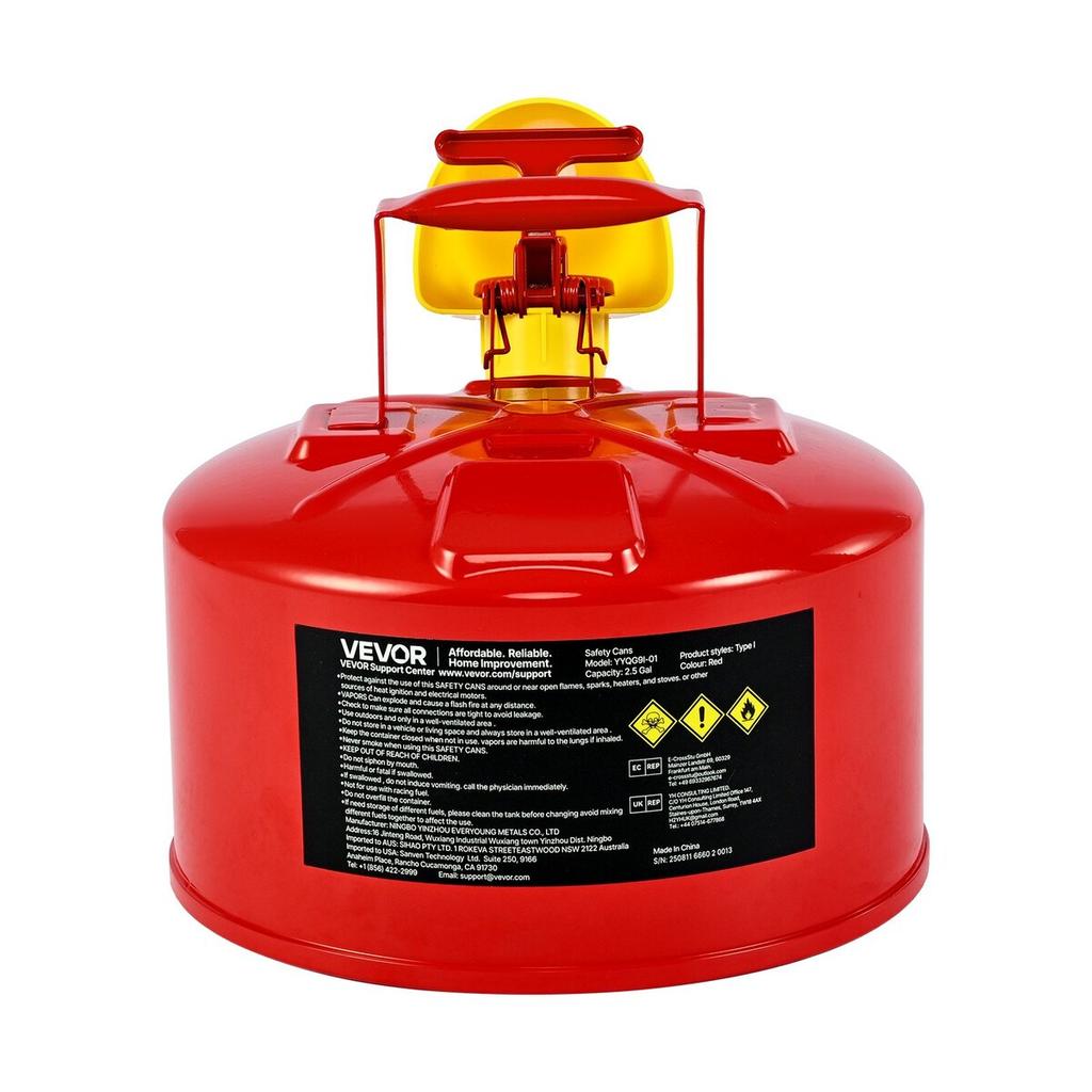Safety Gas Can, 9.5 L Type I Red Safety Can for Gasoline with Stainless Steel Flame Arrester, Self-Closing Lid, and PE Funnel, Carbon Steel Flammable