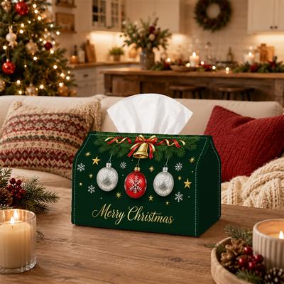 1pc Tissue Box Holder with Christmas Elegant Festive Botanical Design-Bauble Ornament Branch,Durable Polyester,Ideal for Kitchen,Living Room,Bedroom,B
