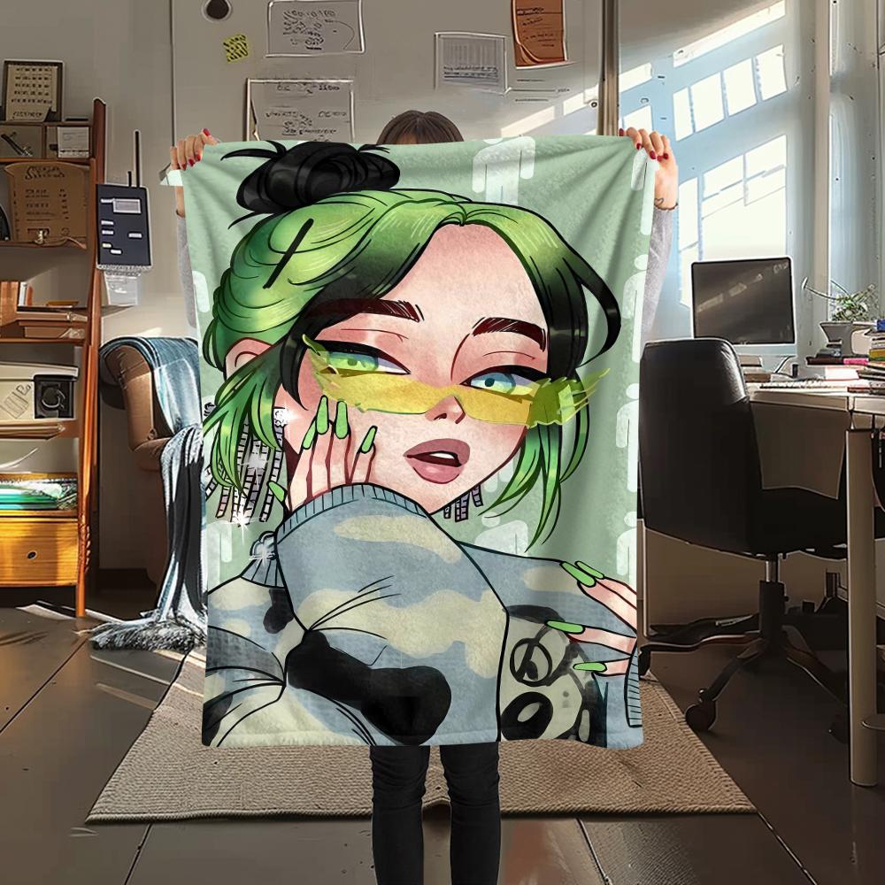 1PC Billie Eilish Print Flannel Blanket, High quality All Seasons, Home Decor, Warmth and Comfort, Perfect for Christmas Gifts