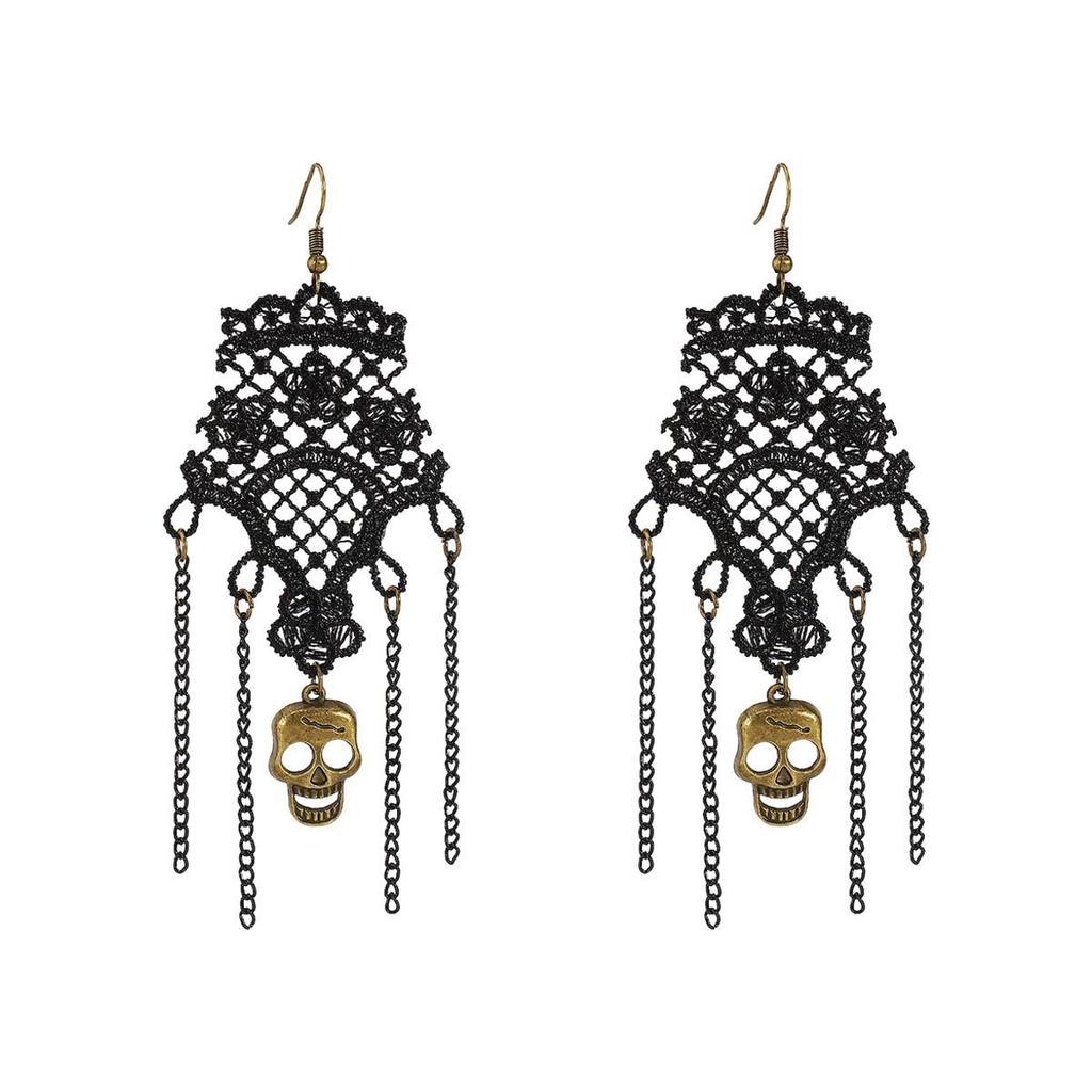 Vintage Halloween Skull Necklace & Tassel Earrings Set
